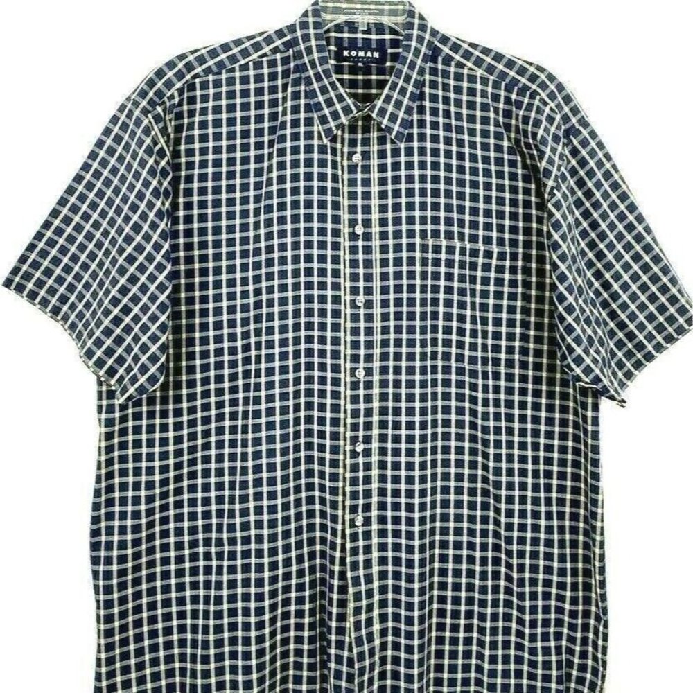 KOMAN Sport Shirt Mens Size XL Navy Plaid Yellow Stripe Collared Short Sleeve